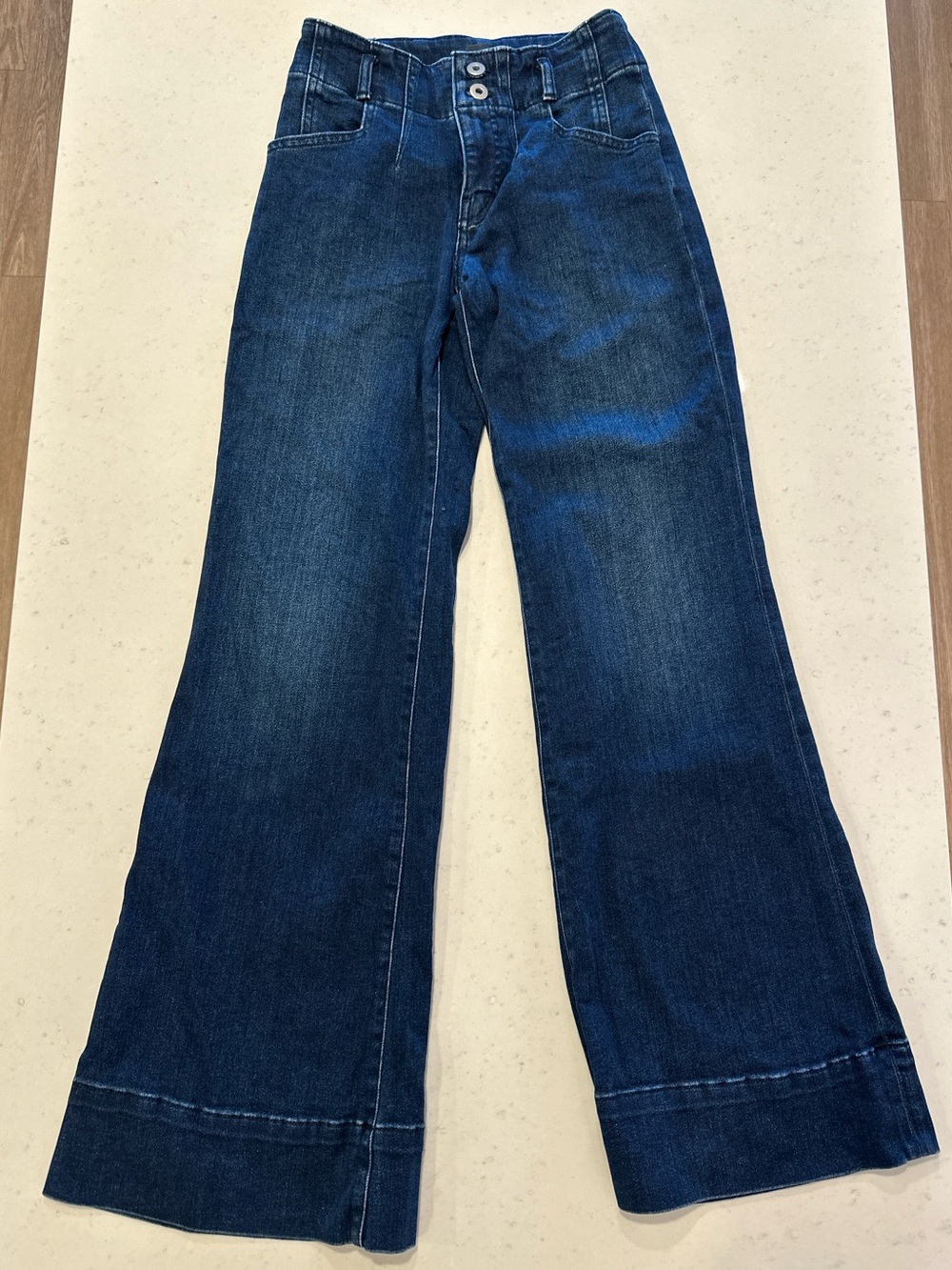 Anthropologie Maeve Sailor Wide Leg Jeans Size 25P Dark Wash Flare Mid Rise